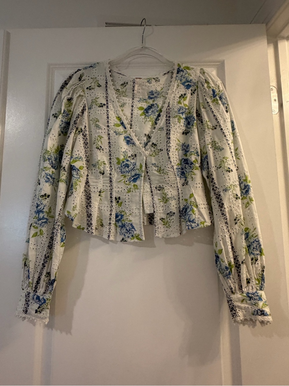 Free People White Floral Eyelet Peplum Blouse with Blue & Green Flowers